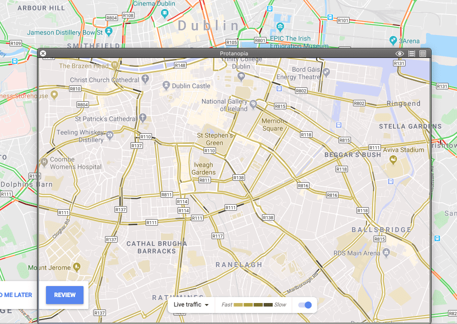 Google Maps traffic with Protanopia colour blindness
