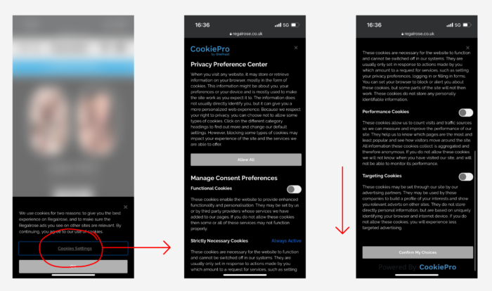 Screenshots of mobile website's cookie consent user interface